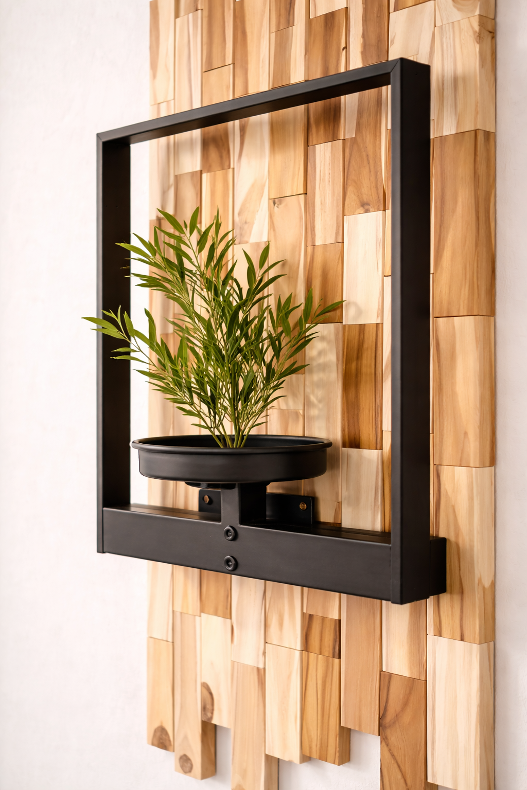 Teak Mosaic Wall Planter with Framed Black Bracket