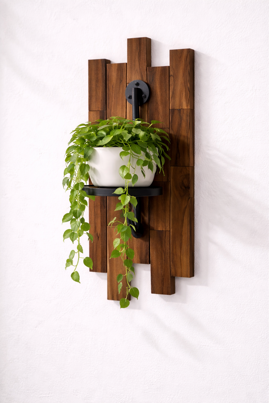 Teak Slatted Wall Planter with Matte Black Bracket