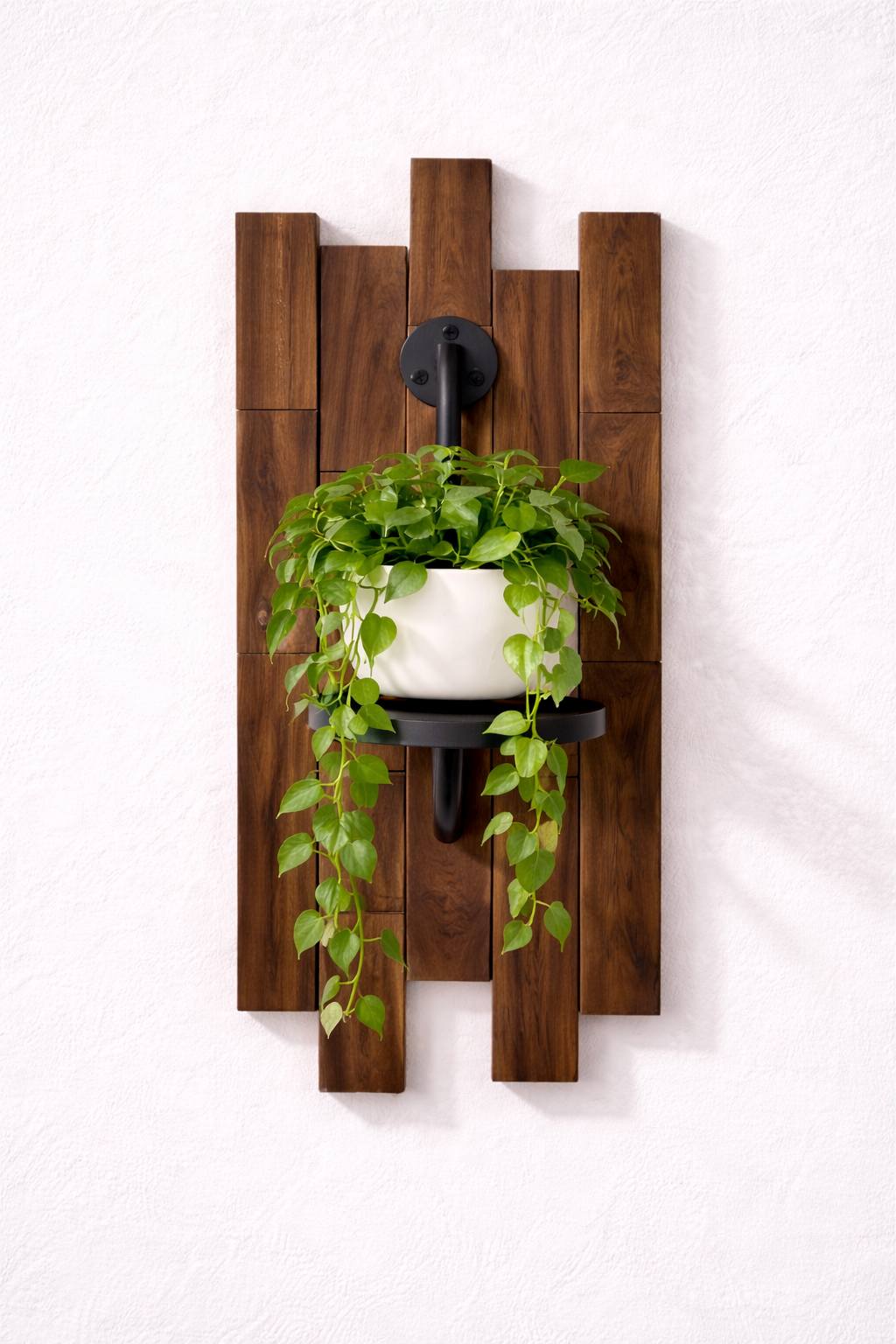 Teak Slatted Wall Planter with Matte Black Bracket