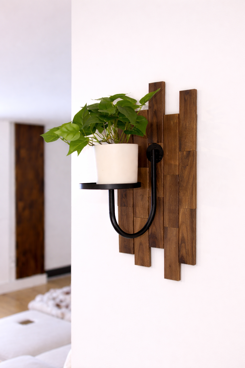 Teak Slatted Wall Planter with Matte Black Bracket