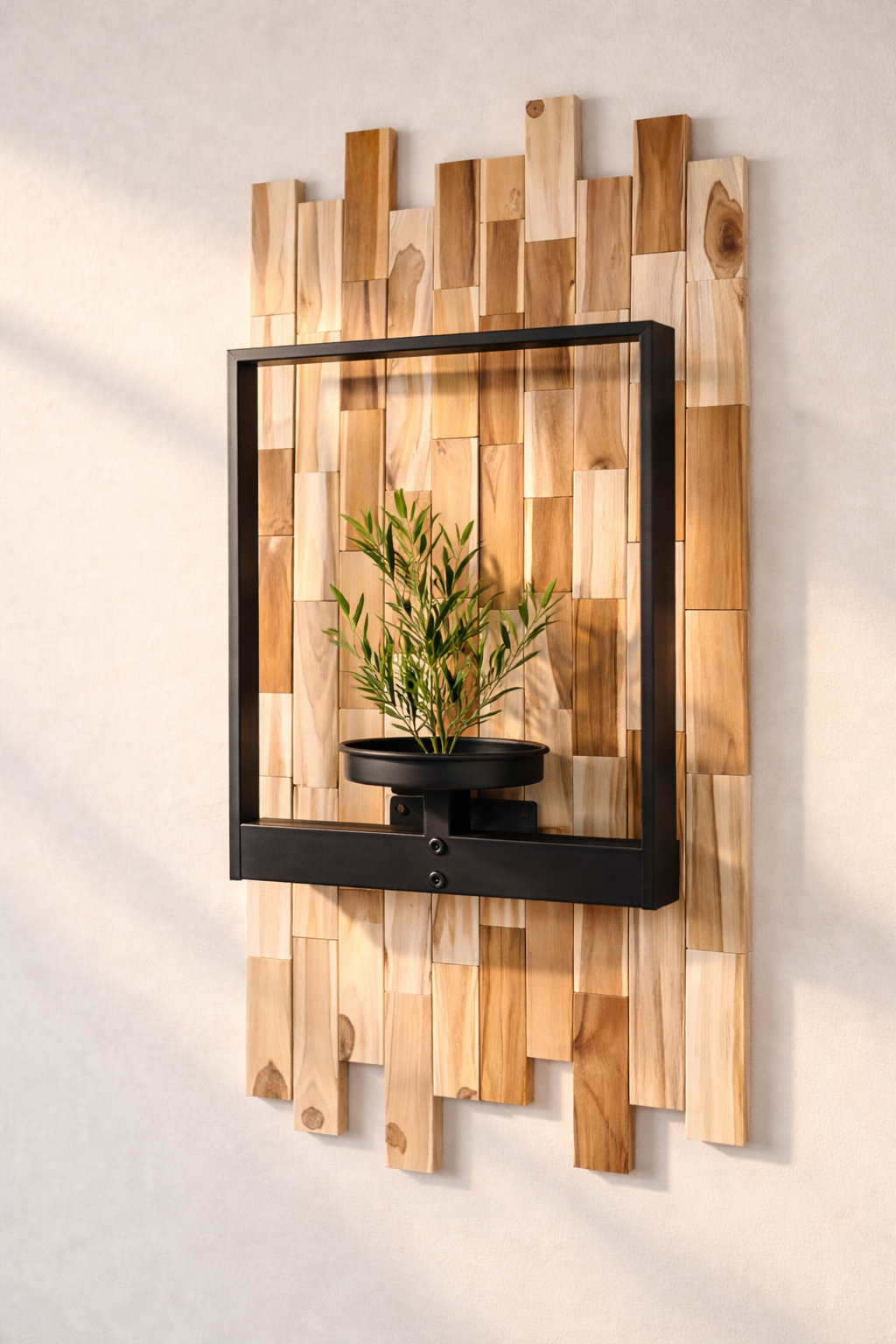 Teak Mosaic Wall Planter with Framed Black Bracket