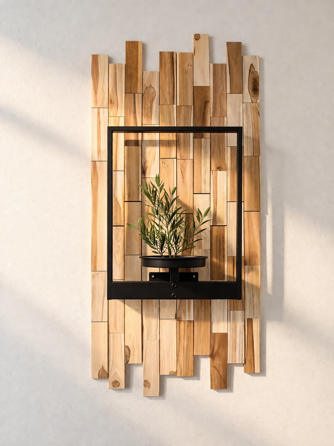 Teak Mosaic Wall Planter with Framed Black Bracket