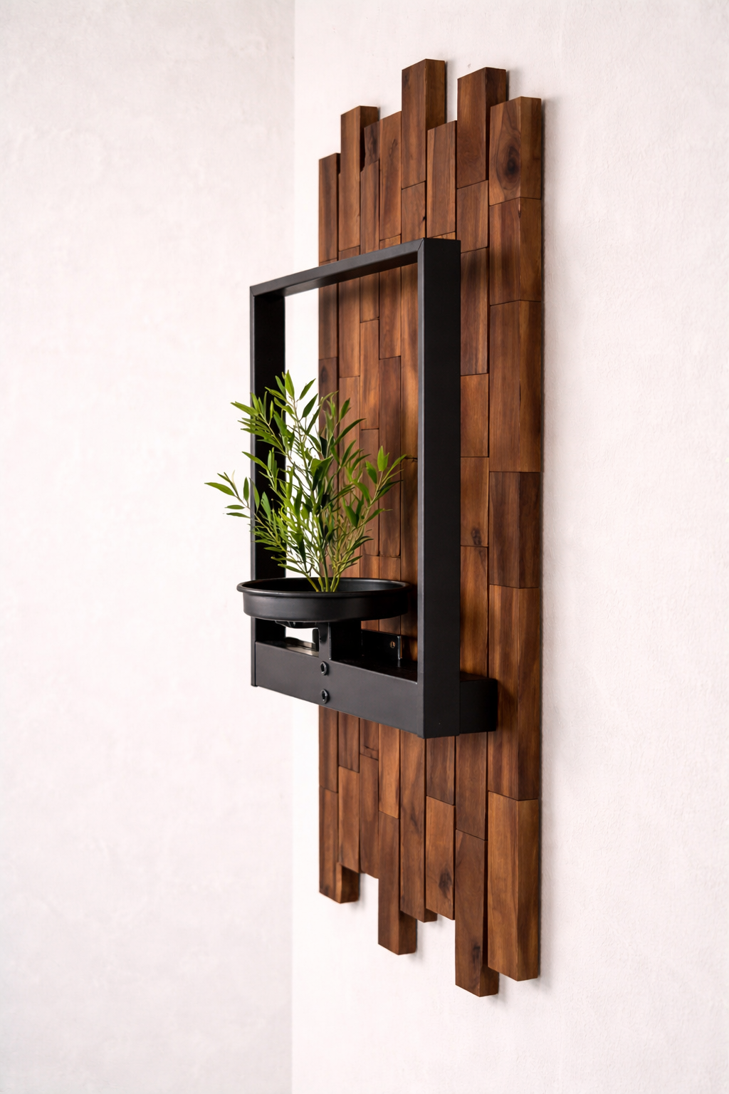 Teak Mosaic Wall Planter with Framed Black Bracket