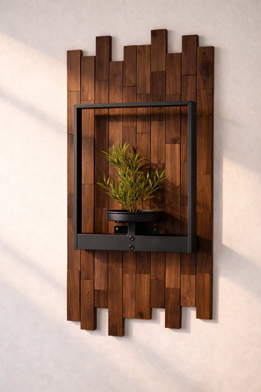 Teak Mosaic Wall Planter with Framed Black Bracket