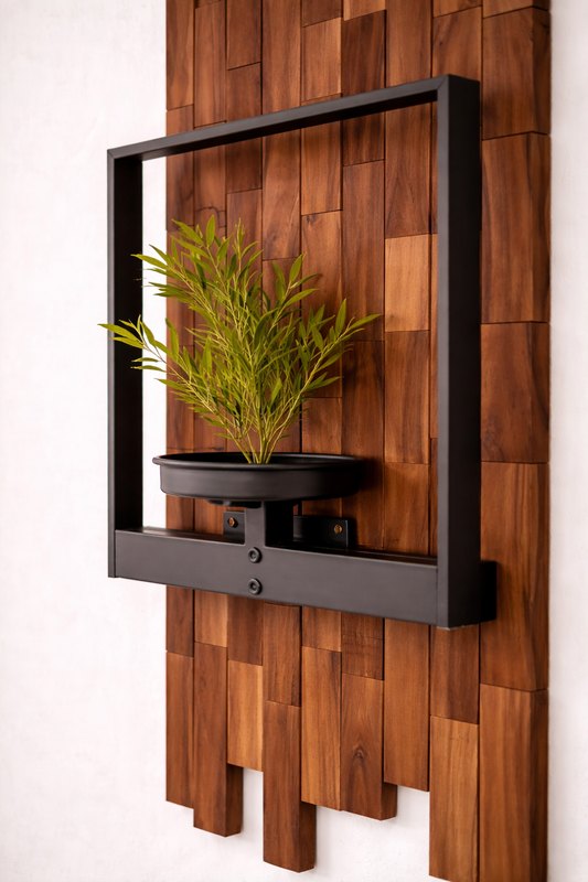 Teak Mosaic Wall Planter with Framed Black Bracket