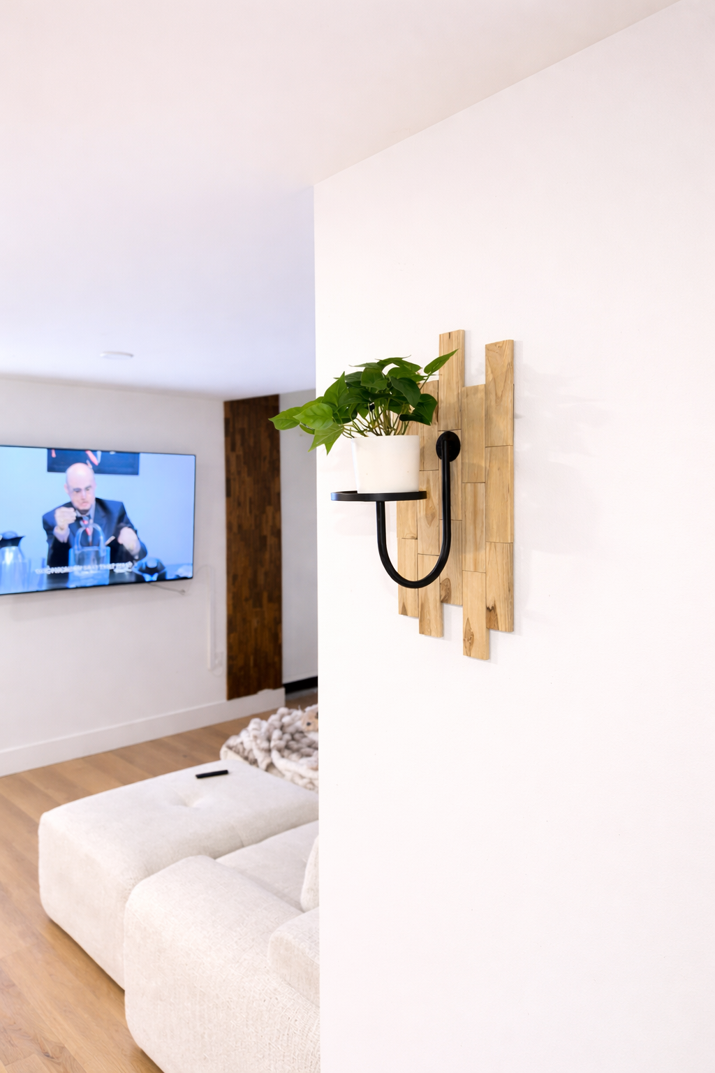 Teak Slatted Wall Planter with Matte Black Bracket