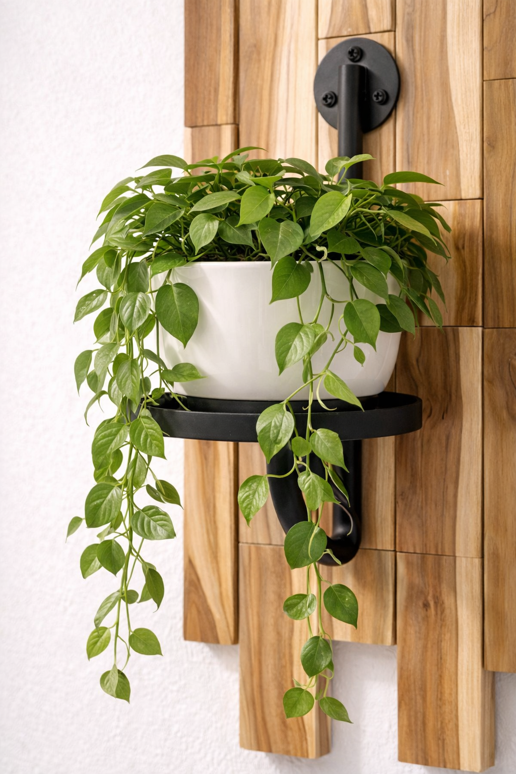 Teak Slatted Wall Planter with Matte Black Bracket