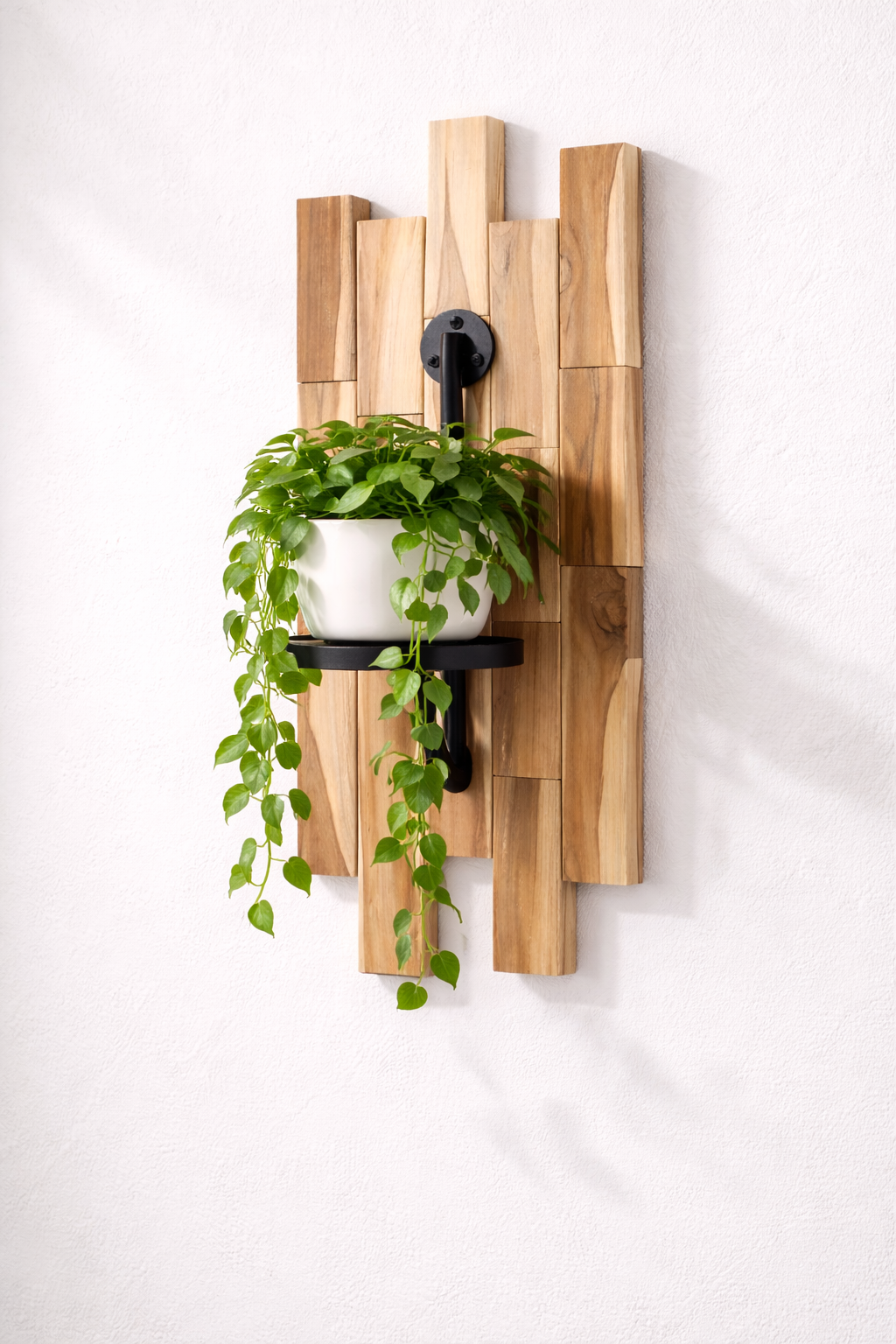 Teak Slatted Wall Planter with Matte Black Bracket