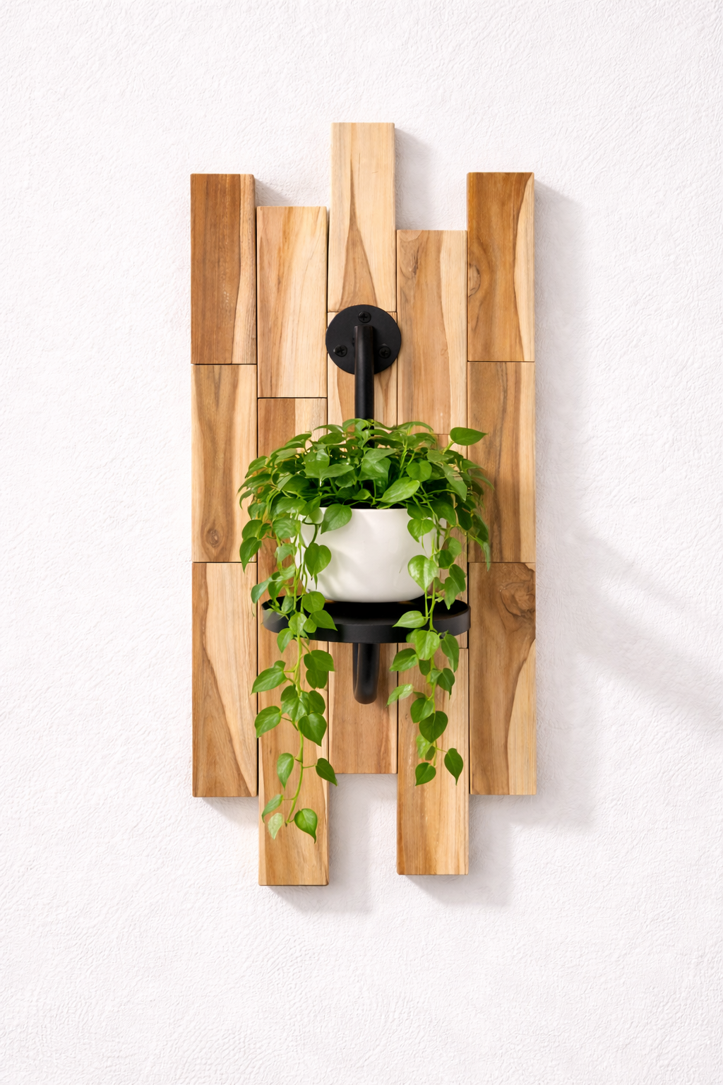 Teak Slatted Wall Planter with Matte Black Bracket