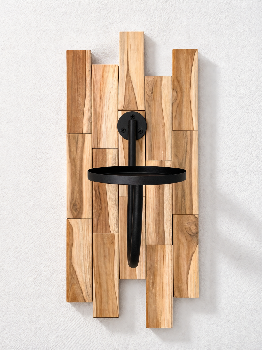 Teak Slatted Wall Planter with Matte Black Bracket