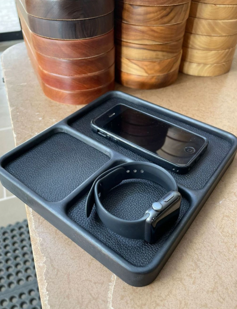 Handy Triple-Compartment Organizer - Premium Wood & Leather - Black