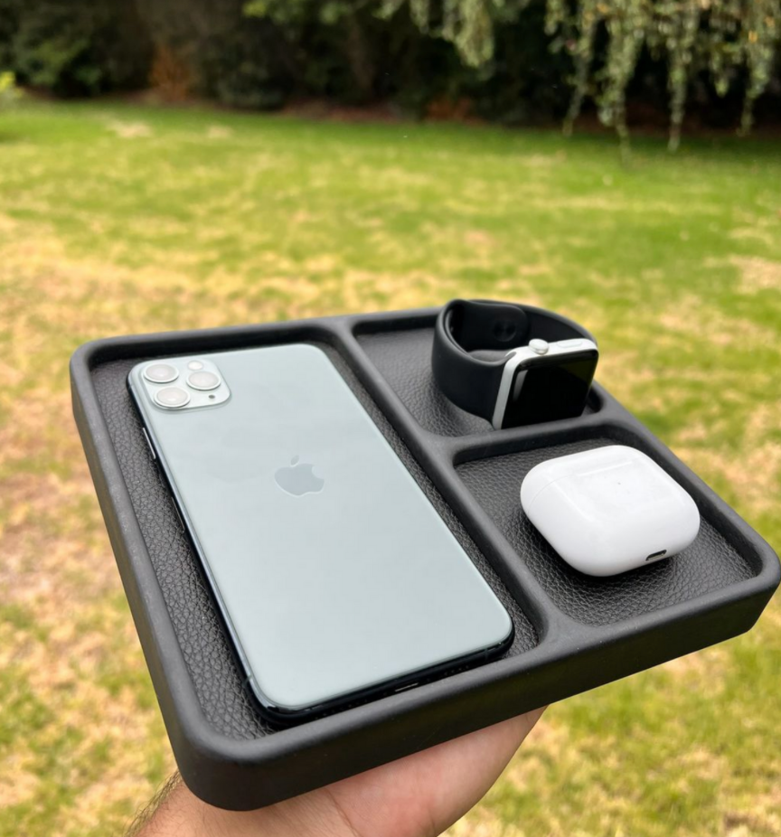 Handy Triple-Compartment Organizer - Premium Wood & Leather - Black