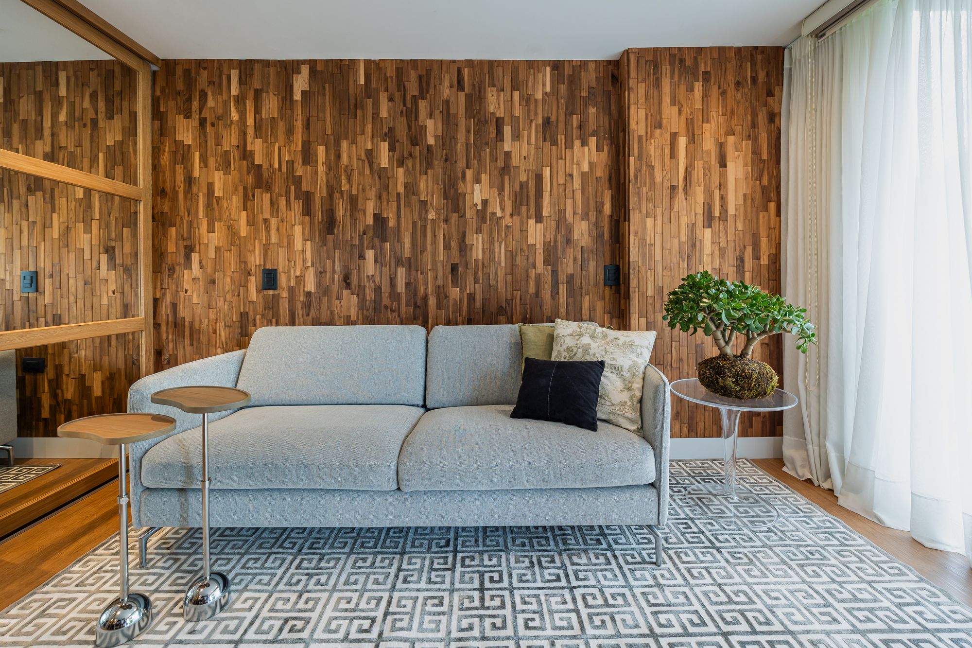 Living room teak feature wall